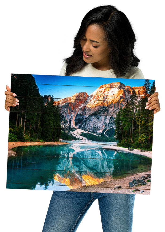 Faux Wood Misty Lake and Snow-cap Mountain Reflections Unframed Wall Art Prints, 16" X 20"