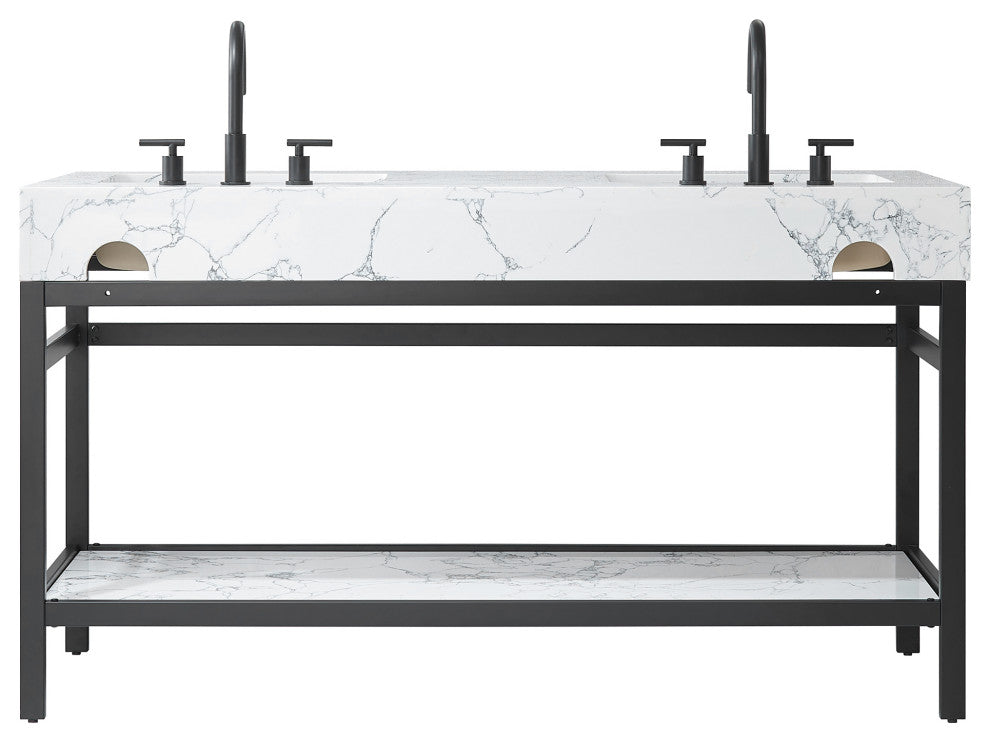 Ecija Bath Vanity, Metal Support with Stone Top, Matte Black, 60 in. Double Sink, No Mirror