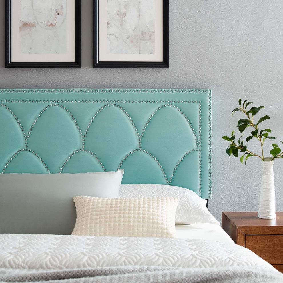 Headboard, Nailhead, King California Size, Blue, Velvet, Modern, Guest Suite