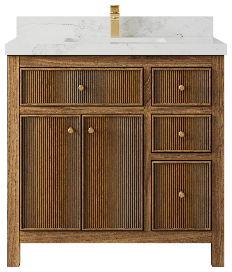 Sonoma Teak 36 Center Sink Bath Vanity in Dark Natural with 2" Calacatta Nuvo