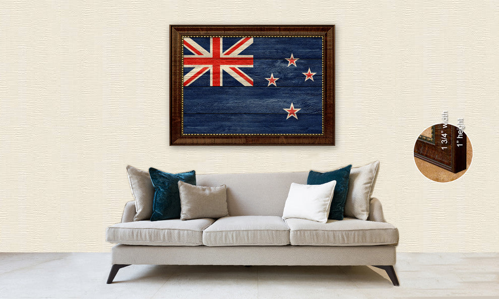 New Zealand Country Textured Flag Print With Brown Gold Frame, 23"X33"