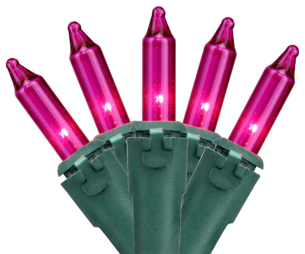 Set of 50 Pink Mini Christmas Lights 2.5" Spacing - Green Wire
