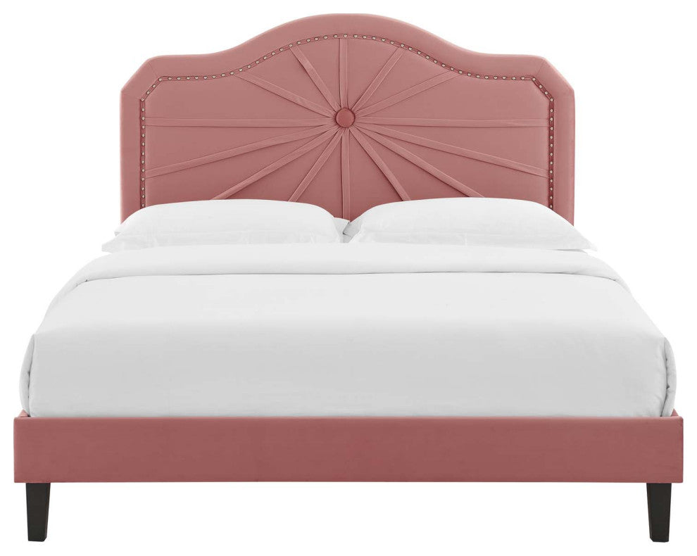 Platform Bed Frame, Queen Size, Velvet, Pink, Modern Contemporary, Bedroom