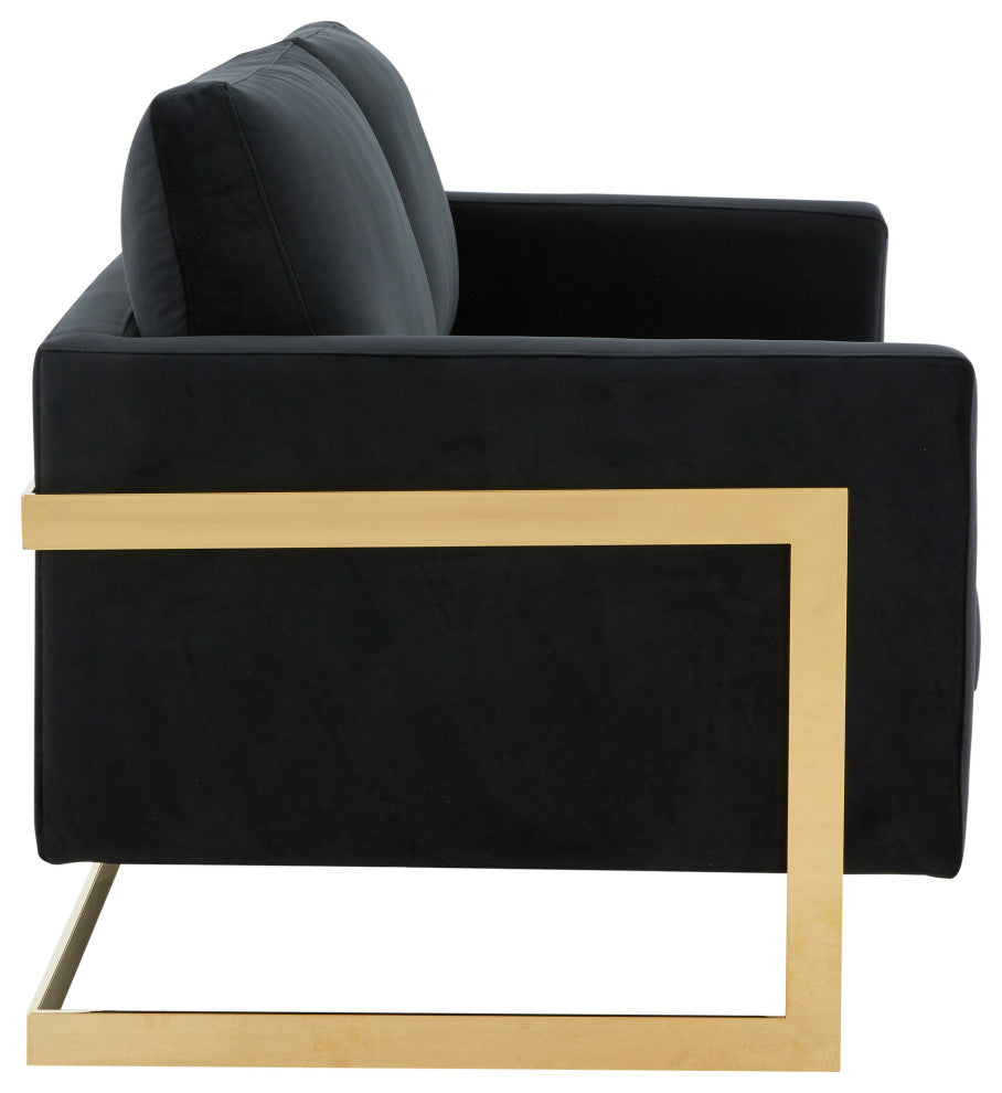 LeisureMod LA55BL Lincoln Midnight Black Mid-Century Velvet Loveseat Gold Frame