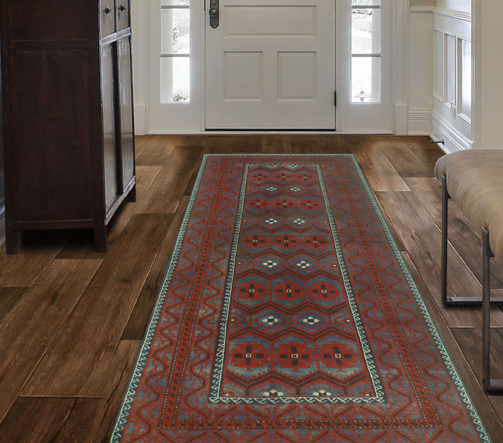 Vintage Distressed Abby Blue/Burgundy Runner, 4'1x9'1