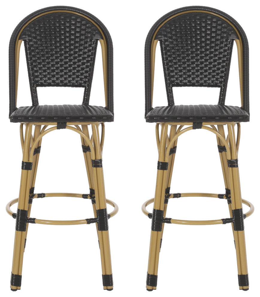 Cotterell Outdoor French Wicker and Aluminum 29.5" Barstools, Set of 2, Black/Bamboo Finish