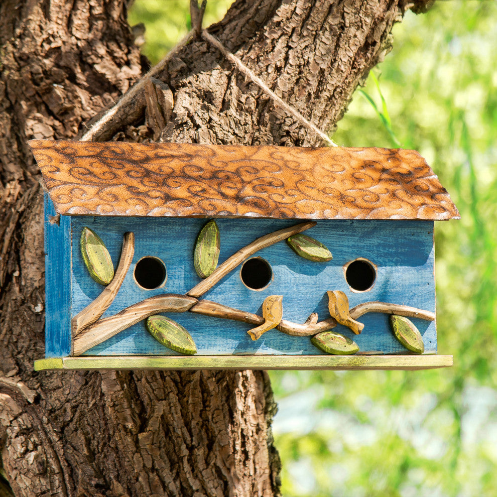 15.75"L Oversized Washed Blue Distressed Solid Wood Cottage Birdhouse