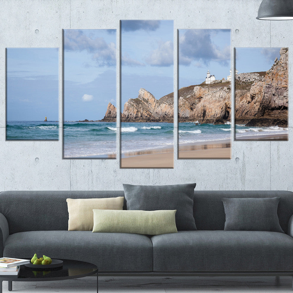 "Coastline With Lighthouse" Panorama Seashore Wall Art, 60"x32", 5-Panels