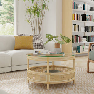 Rattan Cane Round 2-Tier Shelf Coffee Table Glass Top