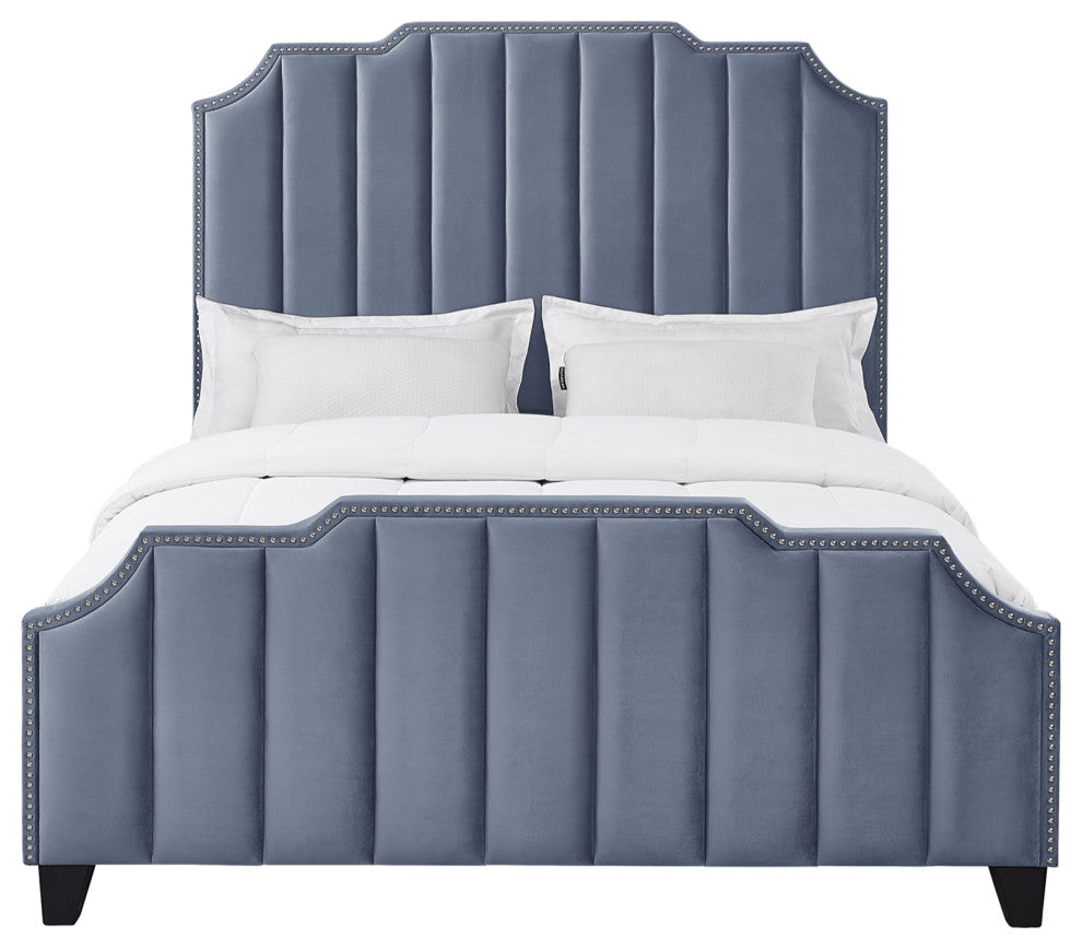 Inspired Home Zaida Bed, Velvet Upholstered, Sky Blue, Queen