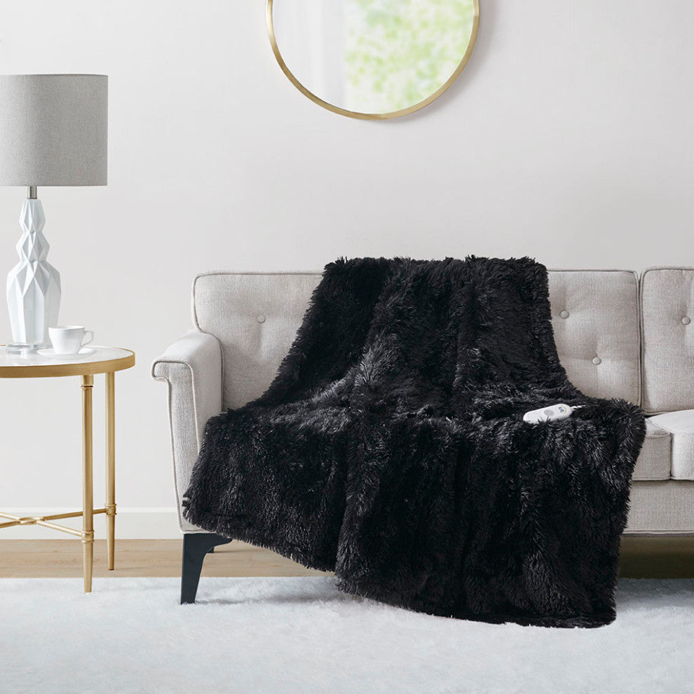 Serta Malea Shaggy Faux Fur Heated Throw, Black