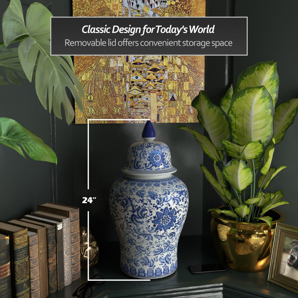 24" Floral Blue and White Porcelain Temple Jar