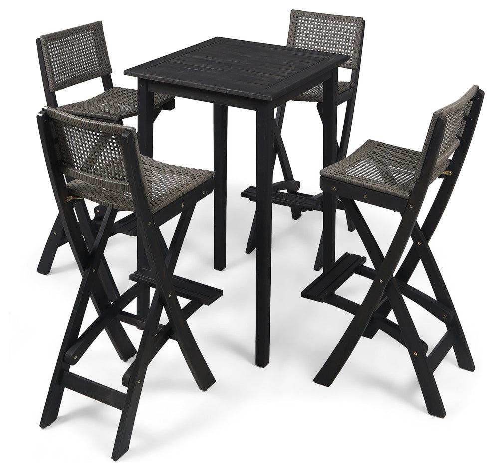 Elizabeth Outdoor 26" Square 5-Piece Wood and Wicker Bar Height Set, Dark Gray
