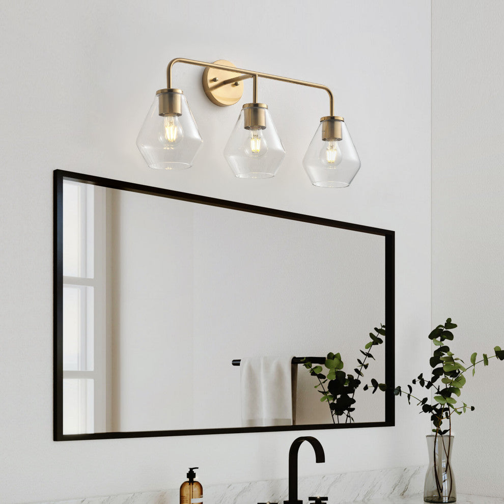 Farmhouse Gold 3-Light Bathroom Glass Vanity Light Over Mirror