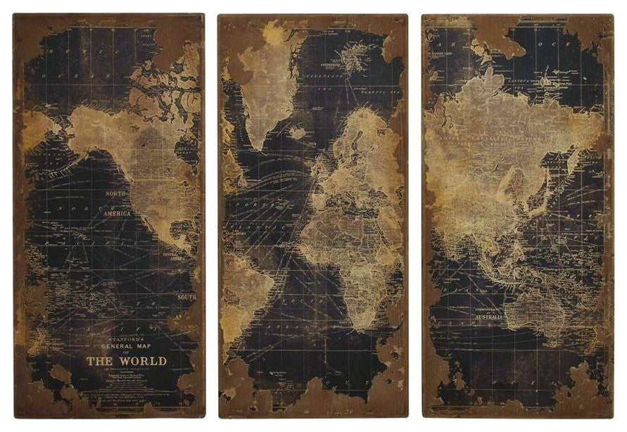 Black Wood Vintage World Map Wall, Set of 3