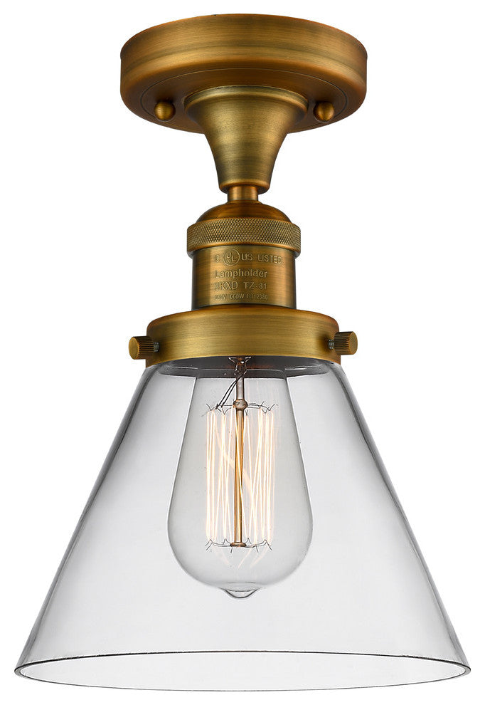 1-Light Large Cone 8" Semi-Flush Mount, Brushed Brass, Glass: Clear
