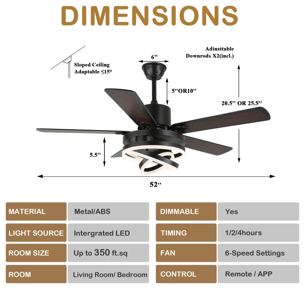 52" Ceiling Fan with Adjustable LED Light Kit, 3 Color Tone 6 Fan Speed, Black