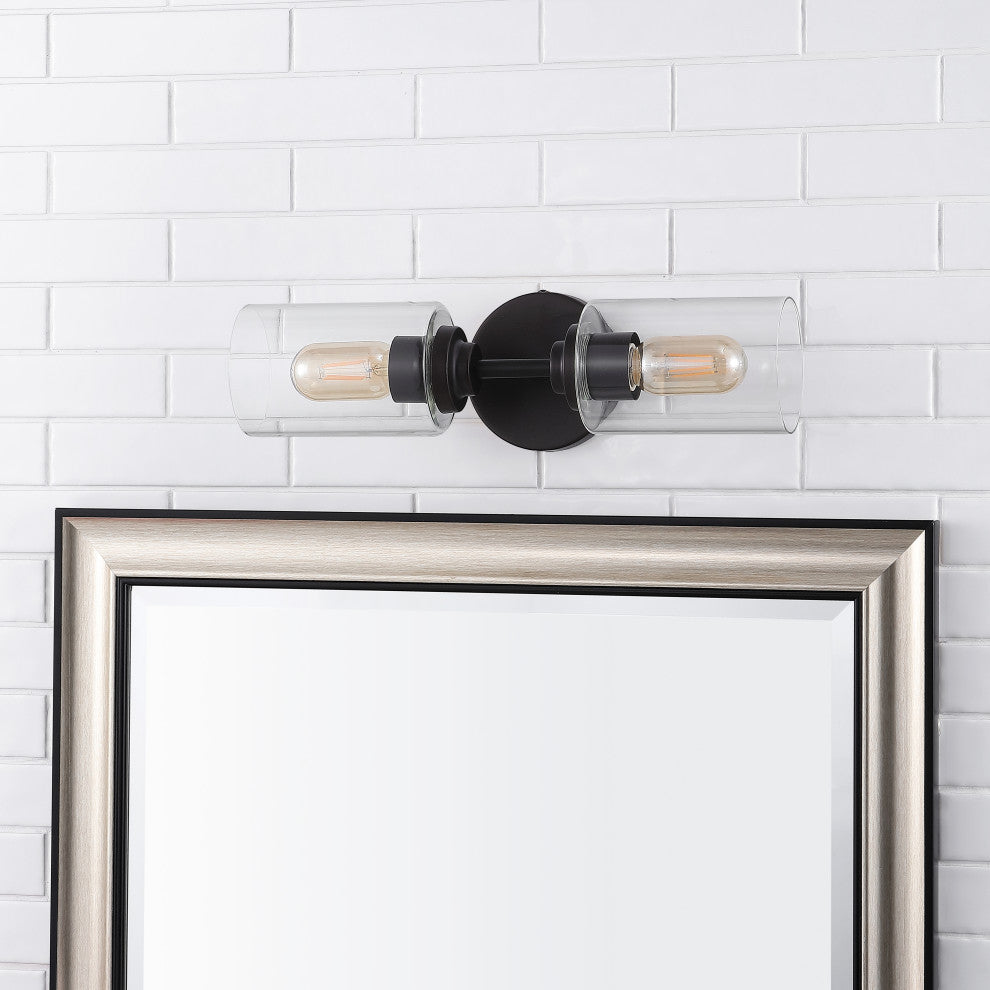 Giles 16" 2-Light Farmhouse Iron Cylinder LED Vanity, Oil Rubbed Bronze/Clear
