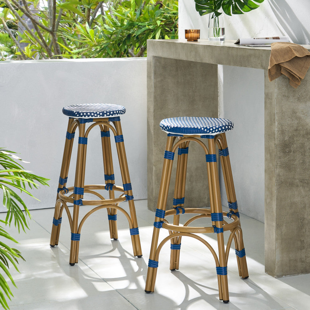 Dohney Outdoor French Aluminum 29.5" Barstools, Set of 2, Navy Blue/White/Bamboo Finish