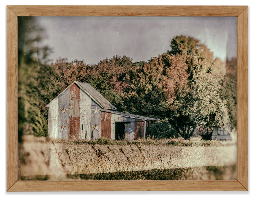 Patriotic Weathered Barn in Field Glass Plate Framed Photo Paper Wall Art Prints, Red Oak, 18" X 24"