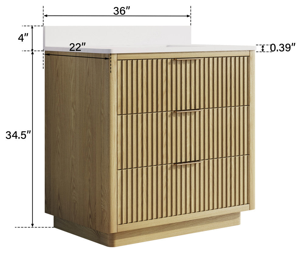 Solid Wood Freestanding Bathroom Vanity with White Quartz Top and Backsplash, 36"