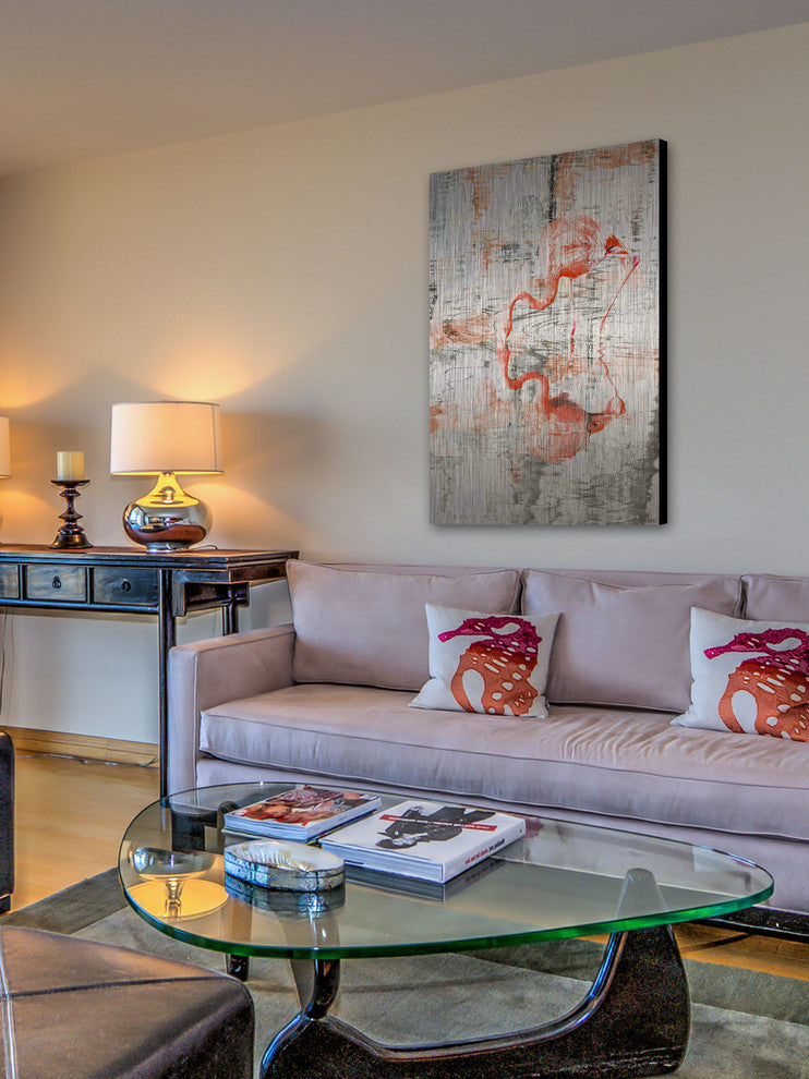 "Flamingo Reflection" Painting Print on Brushed Aluminum, 24"x36"