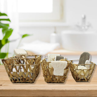 Rectangular Braided Water Hyacinth Baskets With Handles Natural Set of 3, Flared