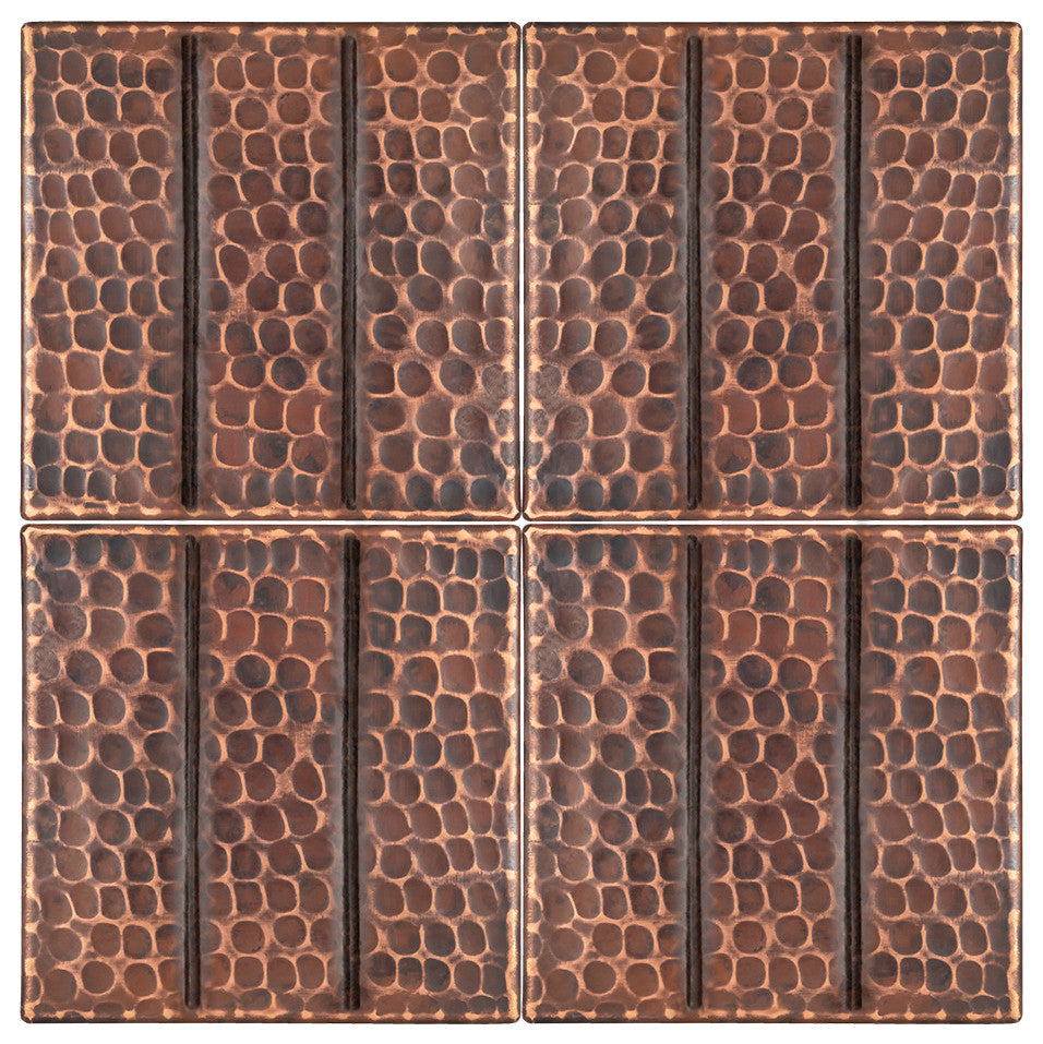 Hammered Copper Tile with Linear Design, 4"x4", Set of 4