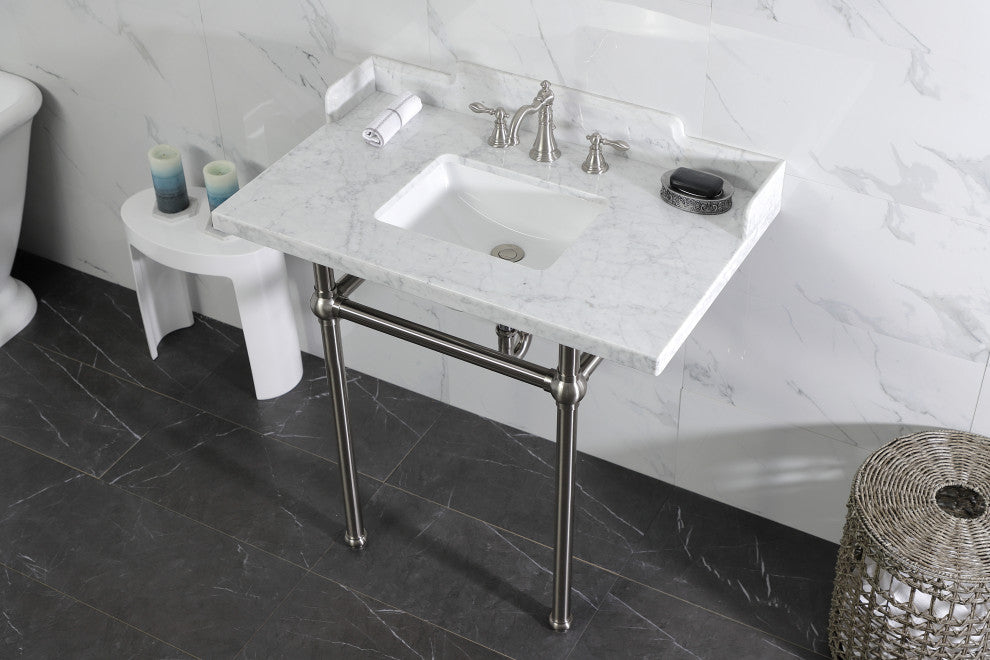 Kingston Brass LMS36MBSQ8 36" Carrara Marble Console Sink, Legs