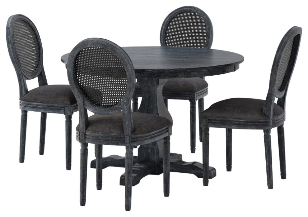 Mores French Country Upholstered Wood and Rattan 5-Piece Circular Dining Set, Gray, Fabric
