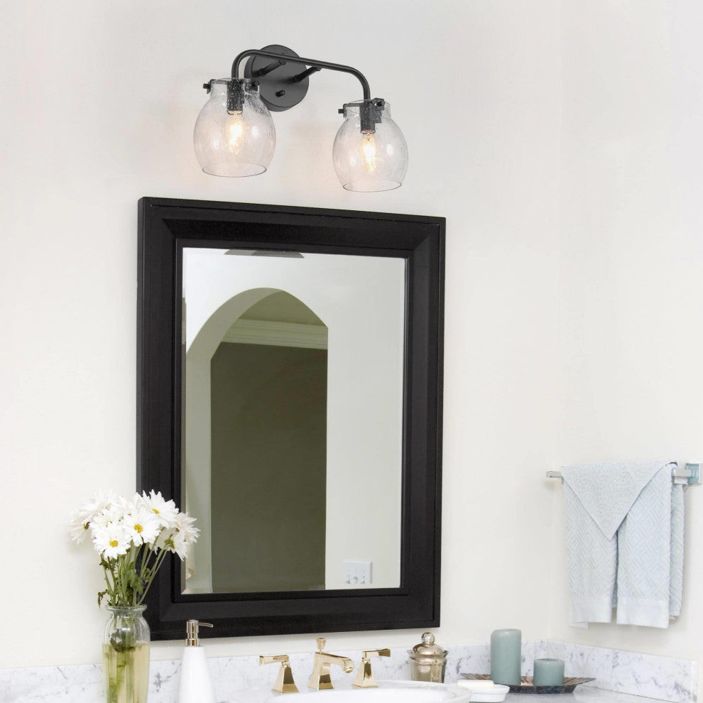 LALUZ 2 Light Matte Black Modern Bathroom Vanity Light with Globe Seeded Glass