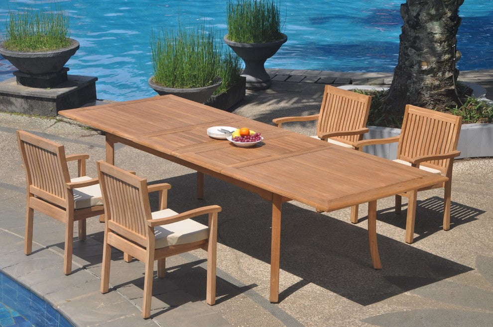 5-Piece Outdoor Teak Dining Set: 117" Rectangle Table, 4 Leveb Stacking Chairs