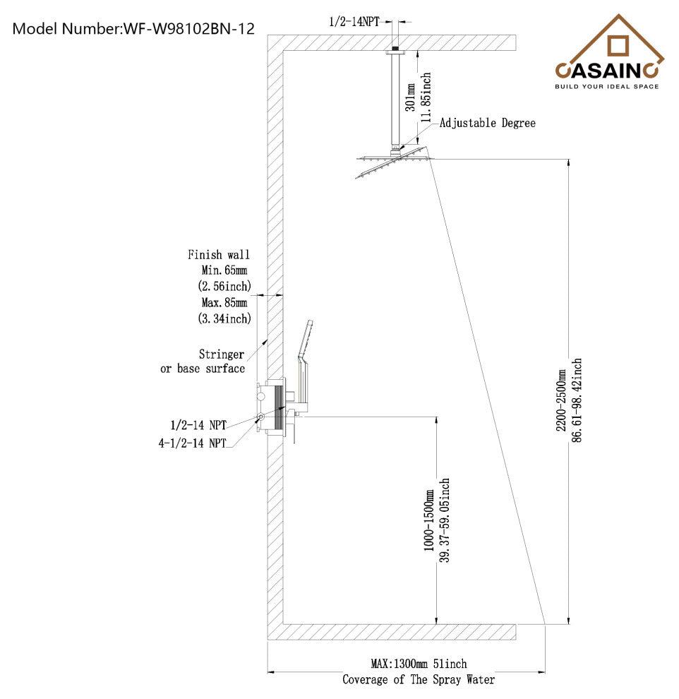 CASAINC 12" Ceiling Mounted Modern Waterfall Shower System Set, Brushed Nickel