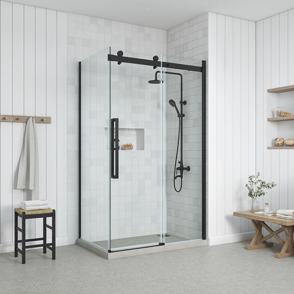 Bel Soft-Close Matte Black 48" Frameless Sliding Soft Close Shower Door