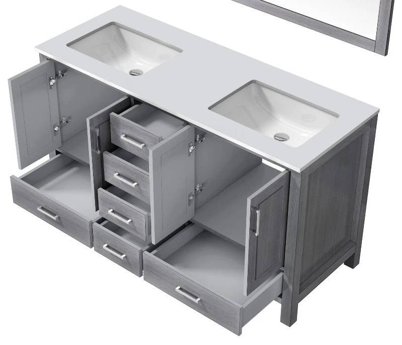 Jacques 60" Distressed Grey Double Sink Vanity with Quartz Top, No Mirror