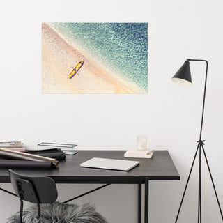 Yellow Canoe & Blue Sea with Soft Violet Effect Landscape Photo Loose Art Print, 24" X 36"