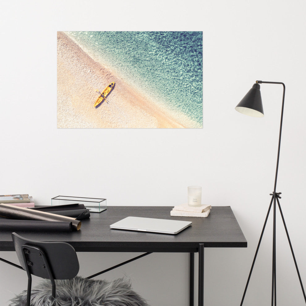 Yellow Canoe & Blue Sea with Soft Violet Effect Landscape Photo Loose Art Print, 24" X 36"