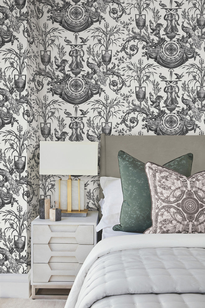 Avian Fountain Toile Black Wallpaper