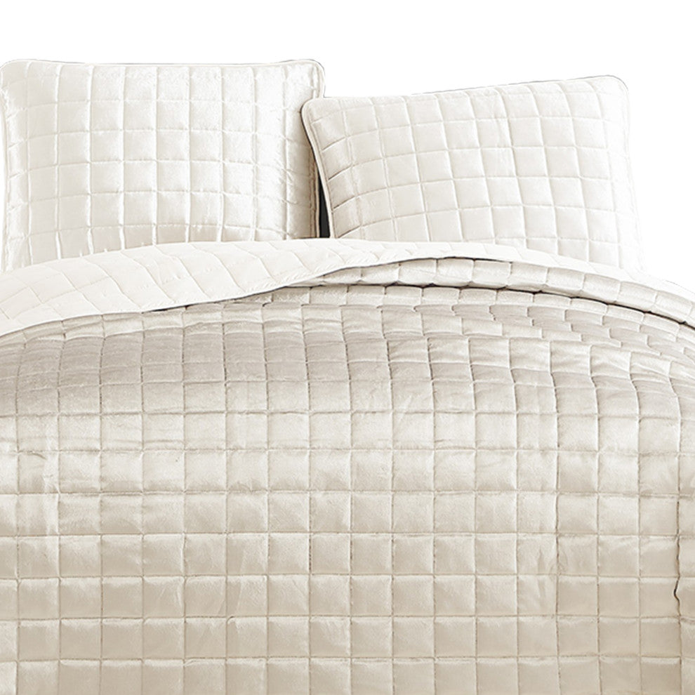 Benzara BM225233 3 Piece King Size Coverlet Set with Stitched Pattern, Cream