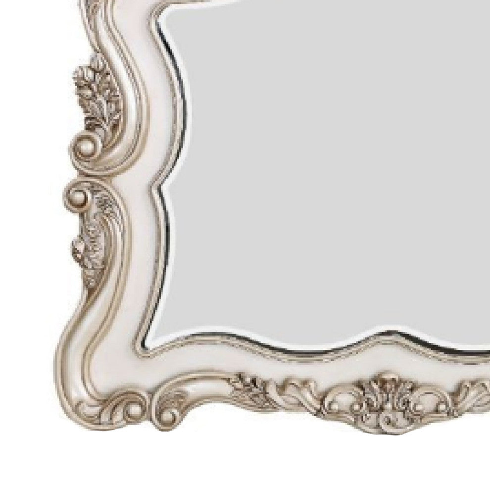 Benzara BM275074 Wood Mirror, Scalloped, Scroll Ornate Trim, Antique White