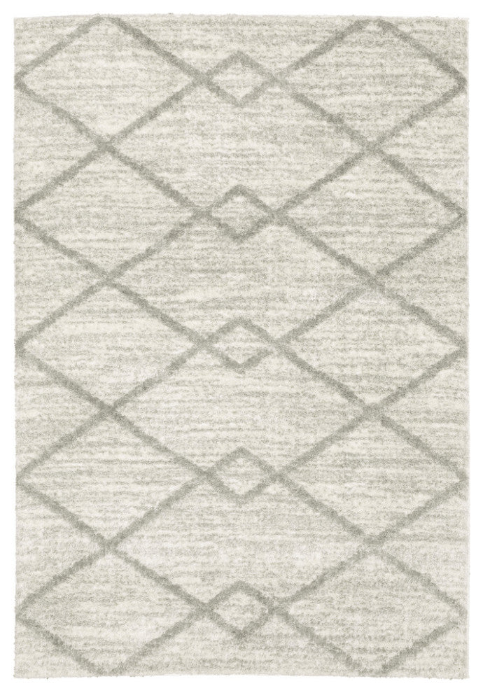 6' X 9' Ivory And Grey Geometric Shag Power Loom Stain Resistant Area Rug