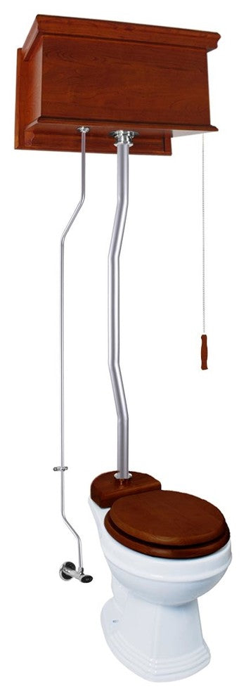 Mahogany Flat High Tank Pull Chain Toilet with White Round Bowl and Satin Z-Pipe
