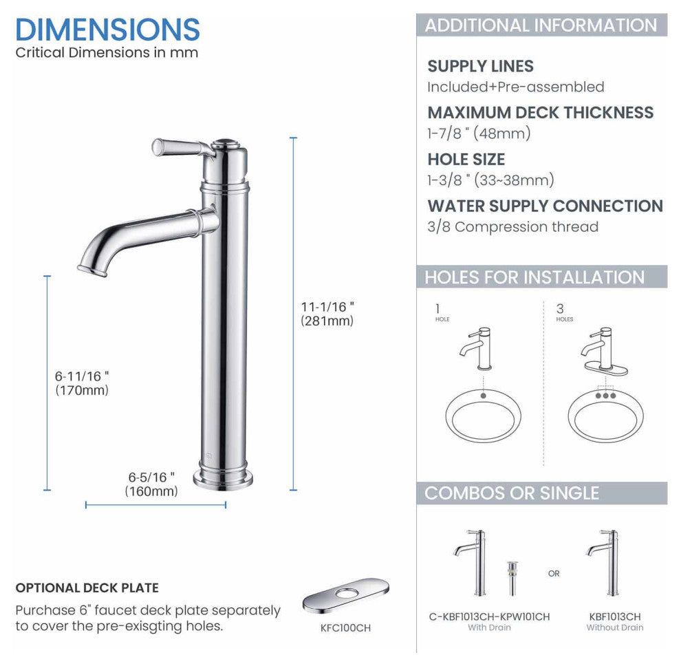 Victorian Brass Single Hole Bathroom Vessel Sink Faucet KBF1013, Chrome