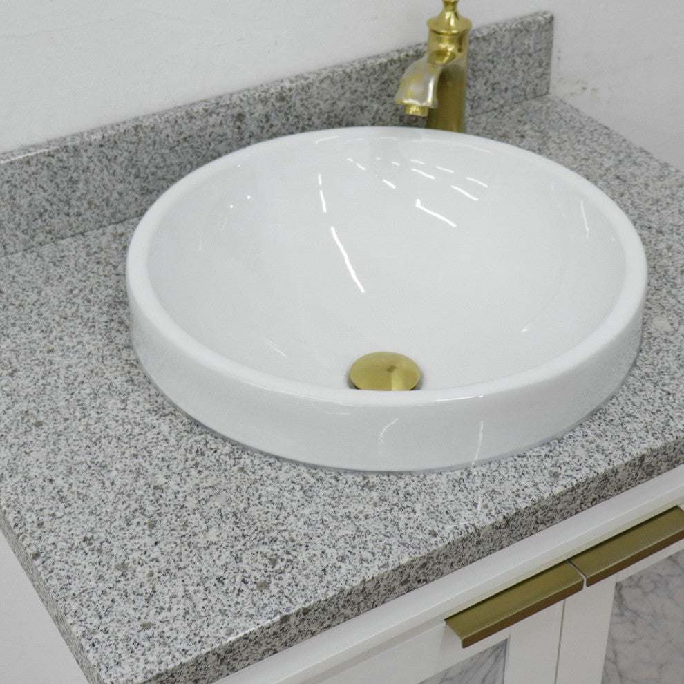 31" Single Sink Vanity, White Finish With Gray Granite With Round Sink
