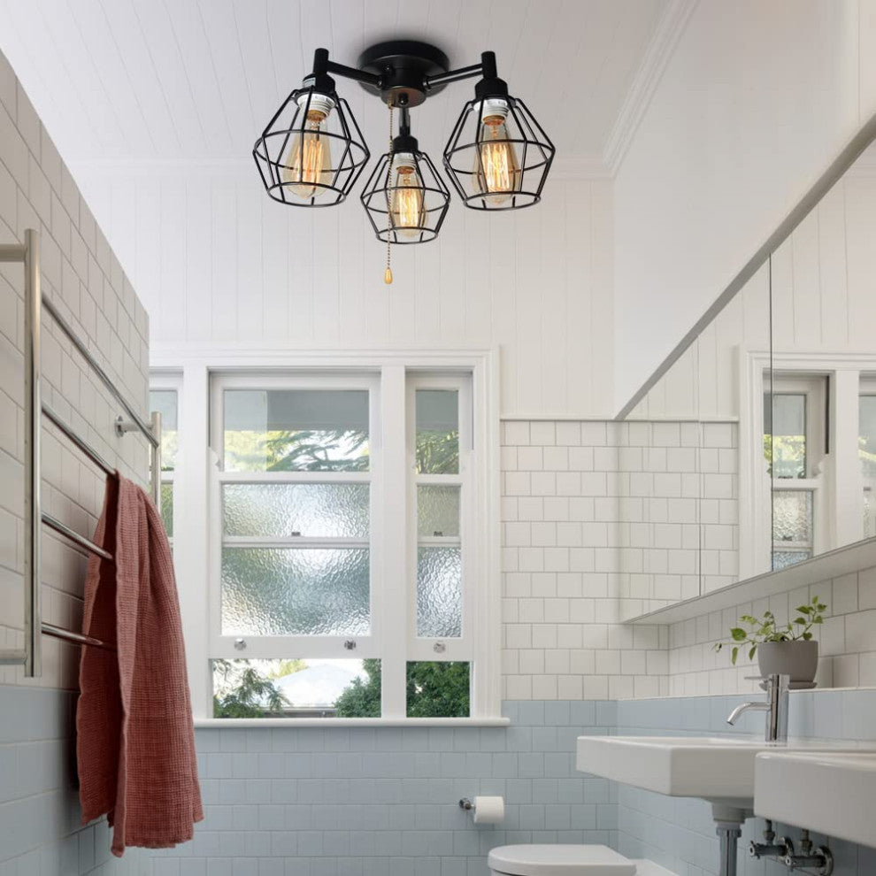 3 Light Industrial Pull Chain Ceiling Light Fixture, Black Cage Flush Mount