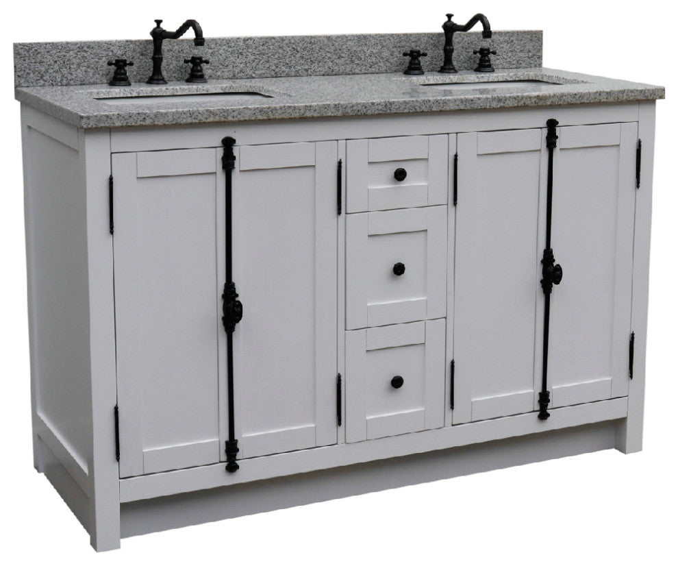 55" Double Vanity, Glacier Ash With Gray Granite Top, Mirrors & Rectangle Sinks