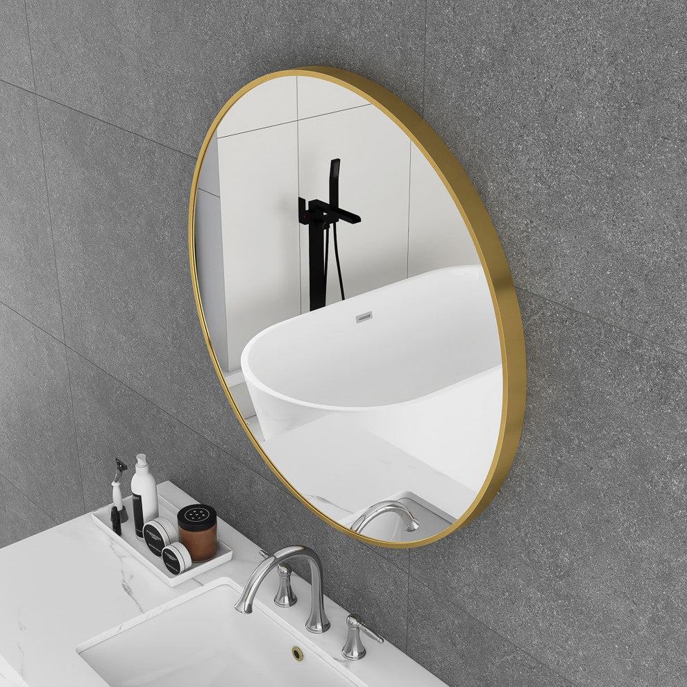 1.57" Wx31.5" H Round Framed Wall Mounted Bathroom Vanity Mirror, Brushed Gold
