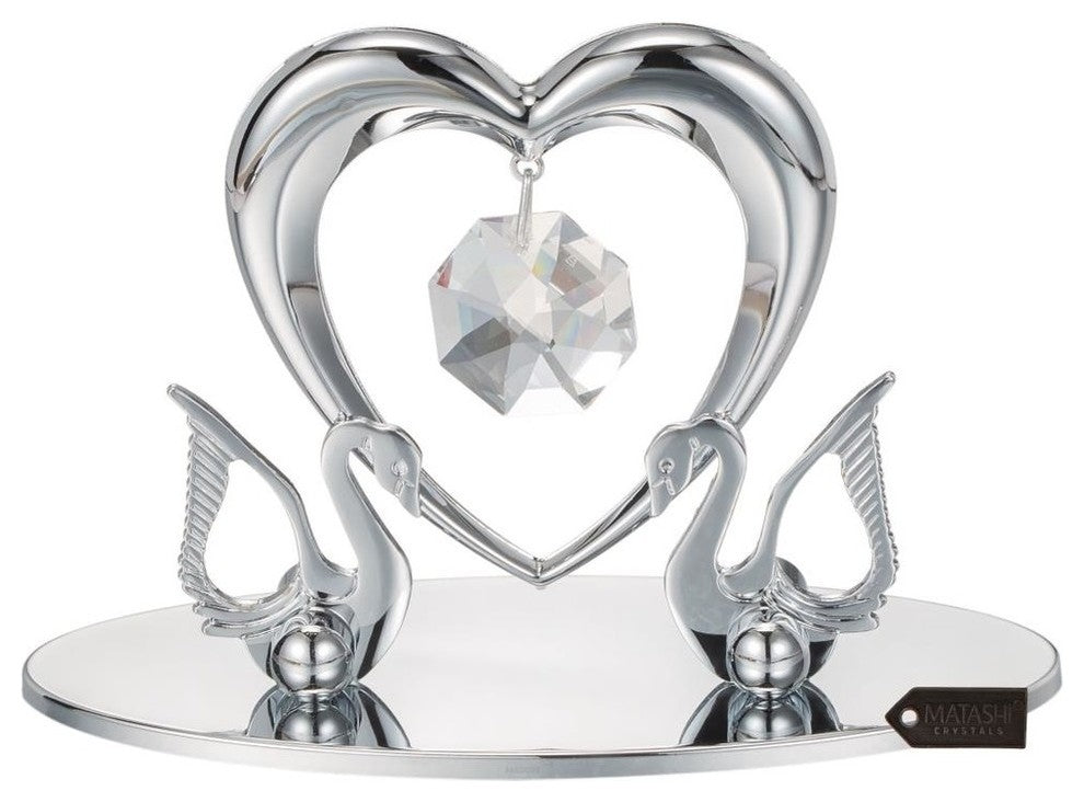 Chrome Plated Loving Swans With Heart Figurine Table-Top Ornament