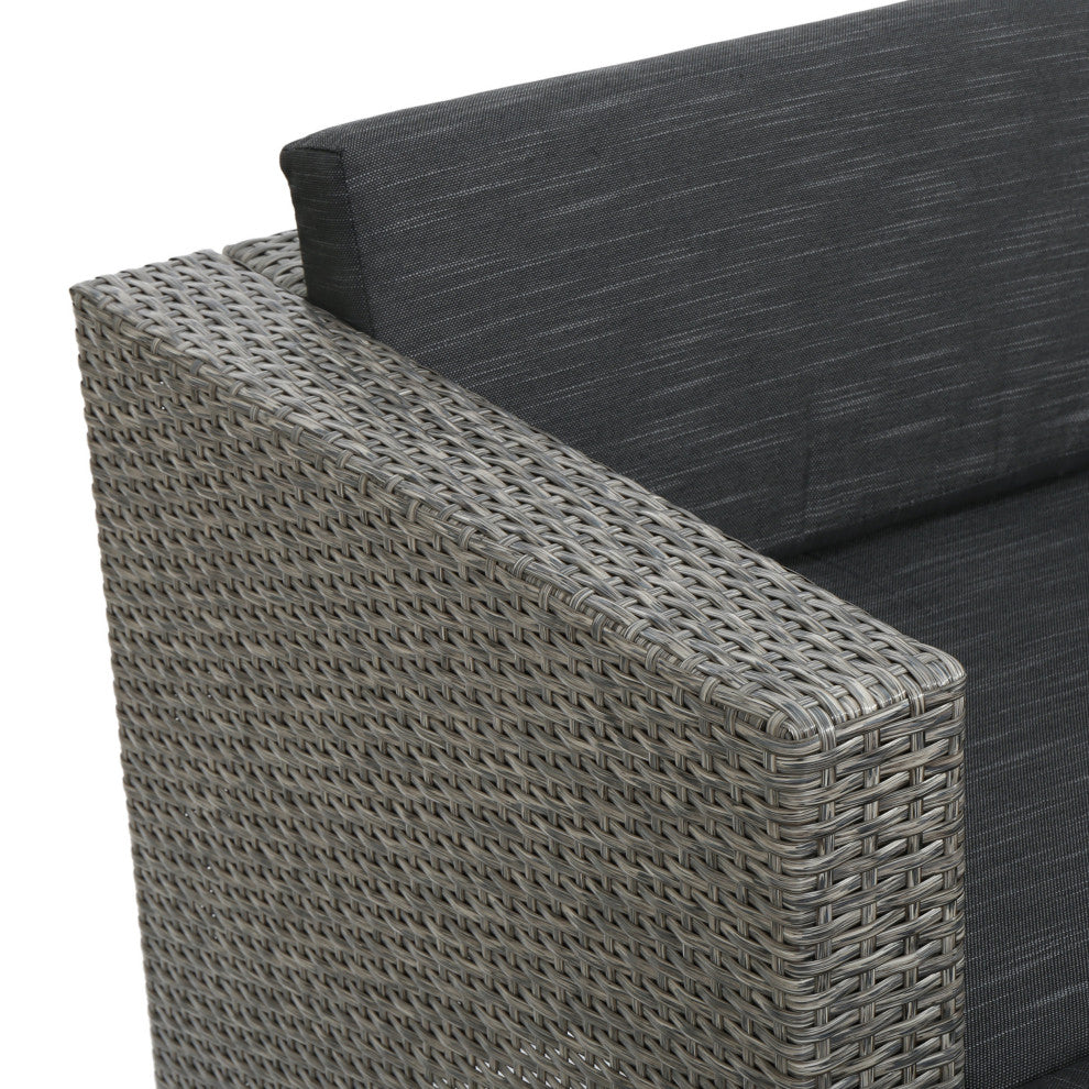 GDF Studio Lorita Outdoor 5-Piece Gray Wicker Sectional Sofa With Black Cushions