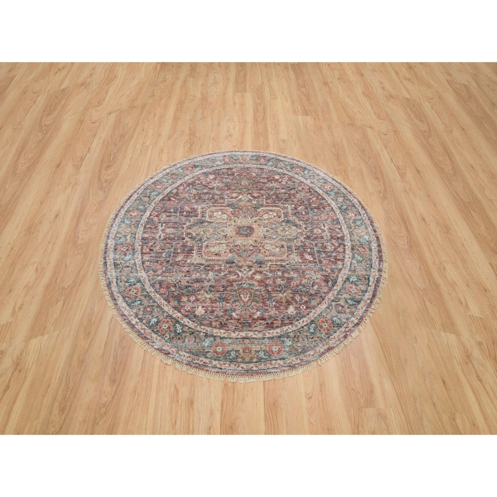 Sangria Red Hand Knotted Pure Wool Heris Revival Round Oriental Rug 5'11"x5'11"